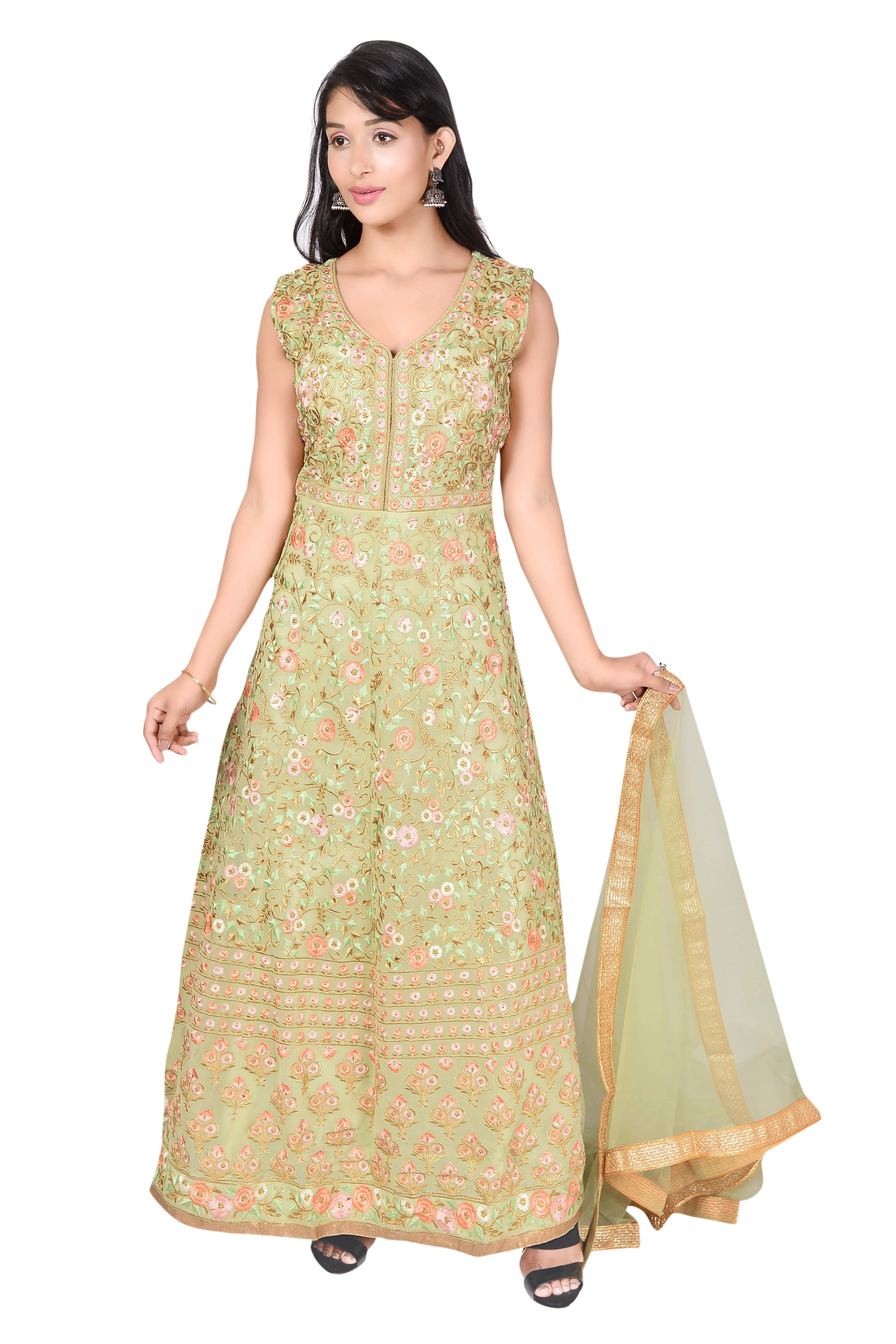 Dazzles - Such a fetching outfit for a bride. Mint green and peach unifies  the perfect bridal wear. The layered lehenga, 3D florals and intricate  cutdana work on crop top give a